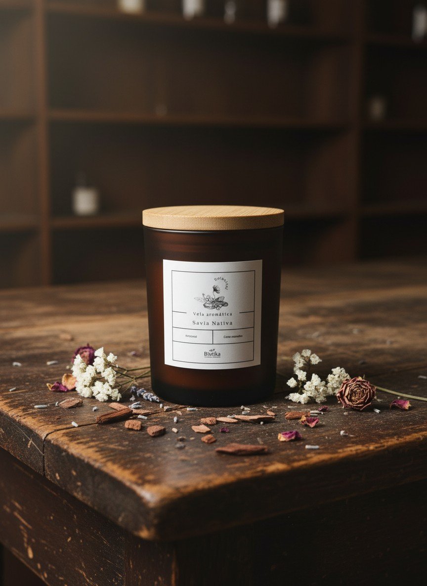 Vela artesanal Savia Nativa Biotika con notas de sándalo y flores silvestres, presentada en envase de vidrio ámbar de 150g, ideal para aromatizar el hogar con esencias naturales.