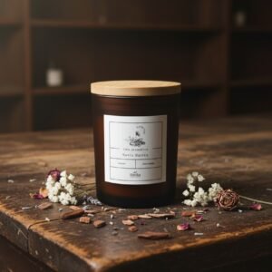 Vela artesanal Savia Nativa Biotika con notas de sándalo y flores silvestres, presentada en envase de vidrio ámbar de 150g, ideal para aromatizar el hogar con esencias naturales.