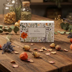 Caja de jabones botánicos Biotika decorada con ilustraciones florales, sobre mesa de madera rústica rodeada de flores secas, lavanda y hierbas naturales.
